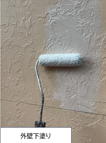 外壁の下塗りを行います。<br />
下塗りは外壁材と中塗り・上塗り塗料との接着力を強め、耐久性に優れた外壁塗膜を作り出す、大切な工程です。