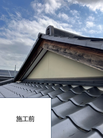 施工前の破風部分のお写真です。塗装も剝げてしまい木部の強度も落ちているのがわかります。