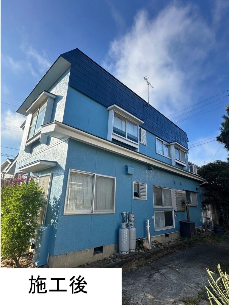 施工後の外観のお写真です。<br />
汚れていた外壁もまるで新築のようなきれいな外観に蘇りました。